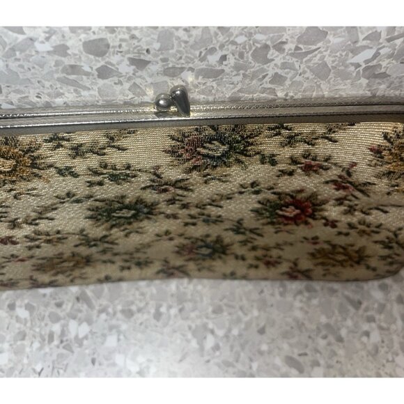 Tapestry Floral Clutch Kiss Closure Bag Purse Vintage Gold Tone Hardware 12 x 8" - Picture 5 of 11
